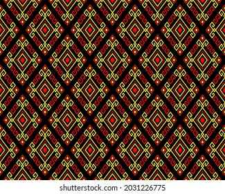 Yellow Red Tribal or Ethnic Seamless Pattern on Black Background in Symmetry Rhombus Geometric Bohemian Style for Clothing or Apparel,Embroidery,Fabric,Package Design