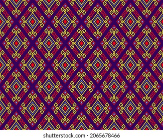Yellow Red Tribal or Ethnic Seamless Pattern on Purple Background in Symmetry Rhombus Geometric Bohemian Style for Clothing or Apparel,Embroidery,Fabric,Package Design