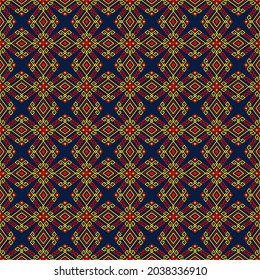 Patrón tribal rojo amarillo o nativo sin foco sobre fondo azul en simetría Rhombus estilo bohemio geométrico para ropa o ropa, bordado, tela,diseño de paquete