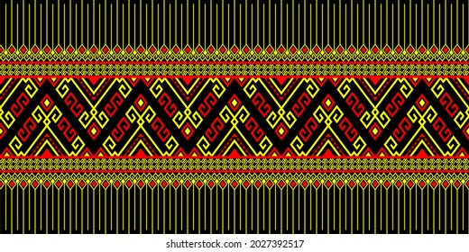 Tribu roja amarilla o patrón nativo sin foco sobre fondo negro en simetría Rhombus estilo bohemio geométrico para ropa o ropa, bordado, tela,diseño de paquete