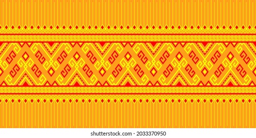 Yellow Red Tribe or Native Seamless Pattern on Yellow Background in Symmetry Rhombus Geometric Bohemian Style for Clothing or Apparel,Embroidery,Fabric,Package Design