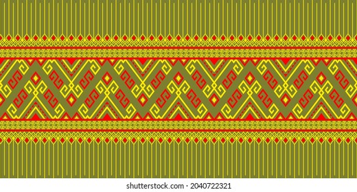 Tribu roja amarilla o patrón nativo sin foco sobre fondo verde en simetría Rhombus estilo bohemio geométrico para ropa o ropa, bordado,tela,diseño de paquete