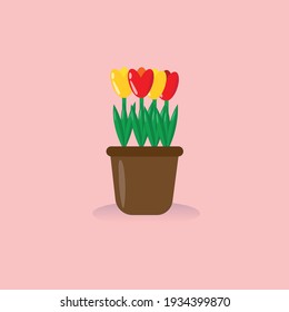 Yellow and red tulips in a brown pot and pink background. Vector illustration.