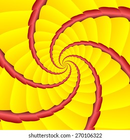 Yellow and red twisted and ribbed abstract spiral object with background