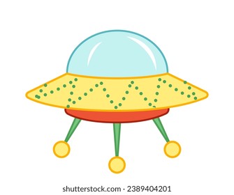 Yellow red ufo on legs. Cosmic ship. Cartoon, flat. Isolated vector illustration eps 10