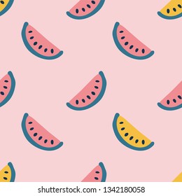 Yellow and red watermelon slice seamless hand drawing vector pattern on pink background. Simple summer print in doodle style