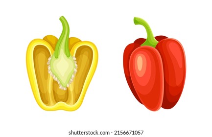 Yellow and red whole and half pepper bell vegetable set vector illustration