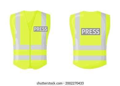 Yellow reflective safety vest for people. Text - press. Protective uniform for reporter, front and back view. Fluorescent uniform, template isolated on white background. Flat vector illustration