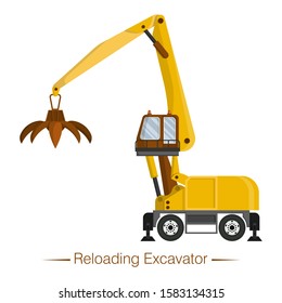 Yellow Reloading Excavator, Reloader. Special Equipment, Manipulator For Landfill, Garbage, Scrap, Wood. Isolated Object, Icon On White Background. Flat Cartoon Vector Illustration