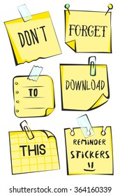Yellow remind stickers on a white background. Paper reminder vector illustration. Modern vintage illustration techniques