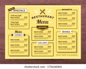 Yellow Restaurant menu template. Food menu placemat or menu board design.