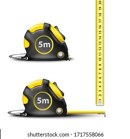 yellow Retractable steel measuring tape with imperial and metric measurements isolated on white background