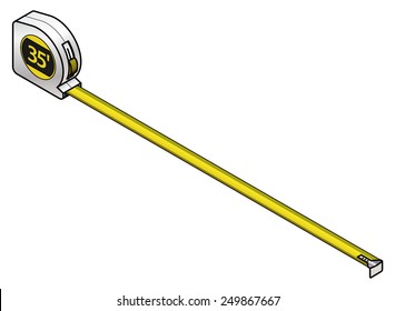 A yellow retractable steel measuring tape. In feet. A long length is pulled out.