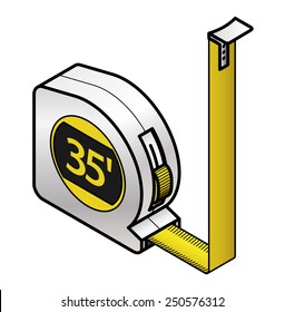 A yellow retractable steel measuring tape. In meters. Bent 90 degrees.