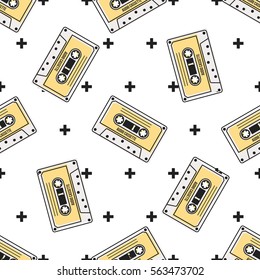 Yellow Retro Audio Cassette on Bright Background with Crosses Vector Seamless Pattern