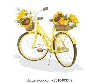 Yellow retro bike with two baskets of flowers and pumpkins. Postcard with sunflowers, congratulations on the holiday at the end of summer or autumn.	