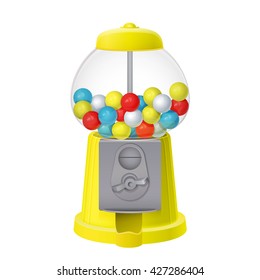 yellow retro bubble gum machine filled with colorful gumballs isolated on white background. vector illustration with transparent glass for light backgrounds 