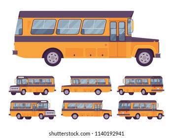 Yellow retro bus. Single-decker bright large motor road vehicle for carrying passengers, city transit. Vector flat style cartoon illustration, isolated on white background, different positions, view