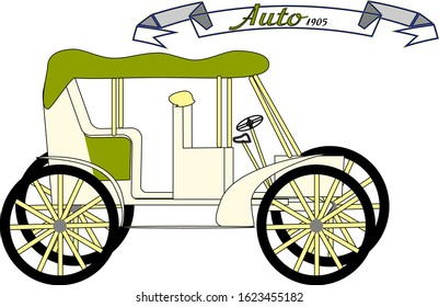 yellow retro car 1905 model with a green roof, four-wheeled