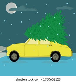 A yellow retro car carries a Christmas tree on the roof. Vector illustration of Christmas and New Year. Car with a Christmas tree at dusk in the evening