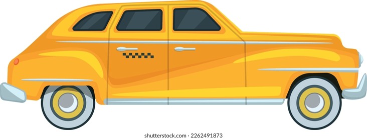 Coche retro amarillo con estampado a cuadros. Vista lateral del taxi de caricaturas