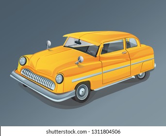 Yellow retro car, small,funny and cute, beautiful transport on blue background