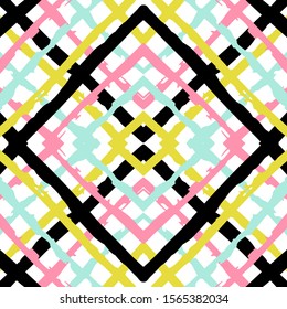 Yellow Retro Cell Vector Seamless Pattern. Graphic Stripe Scandinavian Pattern. Blue Bright Paint Print. Mexican Trendy Navy Wallpaper. Modern American Vector Seamless Pattern
