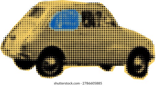 Yellow retro compact car side view halftone print