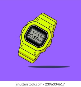 Reloj digital retro amarillo en diseño plano