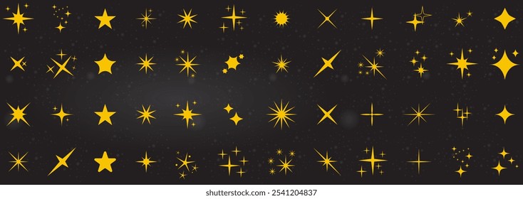 Gelber Retro Futuristischer Stern Funkel Icon Set: Vintage- und abstrakte Twinkle-Formen für Designprojekte, Poster, Logos, Banner und Karten - Glanzeffekt-Stars, Bursts und Helle-Starburst-Vektor-EPS