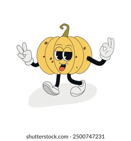 Yellow retro groovy pumpkin character set for Halloween. Trendy groovy illustration style. Vector illustration for Happy Halloween.