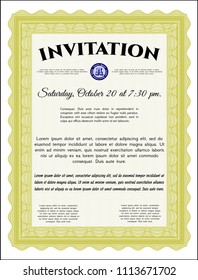 Yellow Retro invitation. Artistry design. Detailed. With guilloche pattern and background. 