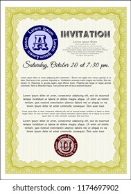 Yellow Retro invitation. With complex linear background. Excellent design. Detailed. 