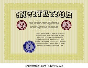 Yellow Retro invitation. Cordial design. With guilloche pattern and background. Detailed. 