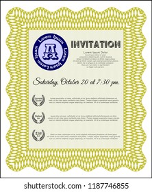 Yellow Retro invitation. Customizable, Easy to edit and change colors. With guilloche pattern. Excellent design. 