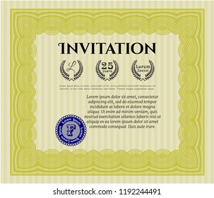 Yellow Retro invitation. Detailed. With guilloche pattern. Artistry design. 