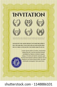 Yellow Retro invitation. Elegant design. Vector illustration. With guilloche pattern. 