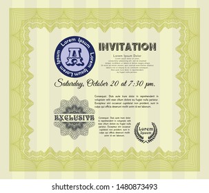 Yellow Retro invitation. Good design. With guilloche pattern and background. Detailed. 