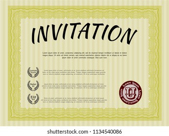 Yellow Retro invitation. With great quality guilloche pattern. Artistry design. Detailed. 