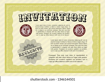 Yellow Retro invitation. With great quality guilloche pattern. Detailed. Artistry design. 