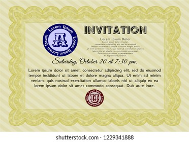 Yellow Retro invitation. With guilloche pattern. Modern design. Detailed. 