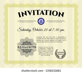 Yellow Retro invitation. With guilloche pattern and background. Excellent design. Customizable, Easy to edit and change colors. 