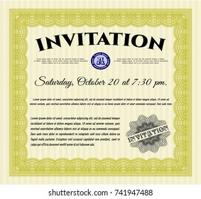 Yellow Retro invitation. Nice design. Detailed. With guilloche pattern and background. 