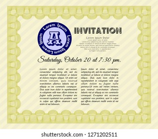 Yellow Retro invitation. Printer friendly. Detailed. Artistry design. 