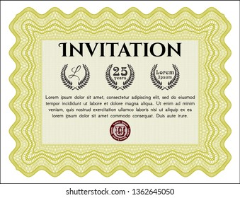 Yellow Retro invitation. Sophisticated design. With guilloche pattern and background. Vector illustration. 