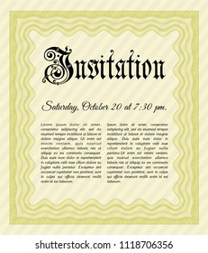 Yellow Retro invitation template. Artistry design. With guilloche pattern. Detailed. 