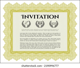 Yellow Retro invitation template. Beauty design. With great quality guilloche pattern.  