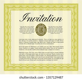 Yellow Retro invitation template. With complex linear background. Detailed. Money Pattern. 