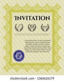 Yellow Retro invitation template. With complex linear background. Detailed. Money design. 