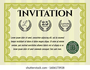 Yellow Retro invitation template. With complex linear background. Modern design. Detailed. 